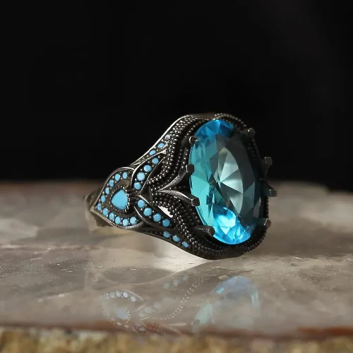 Vista 2 de 925 Sterling Silver Aquamarine Stone with Turquoise Stones Men Silver Ring, Handmade Blue Aquamarine Stone Men's Silver Ring, Vintage Men Ring