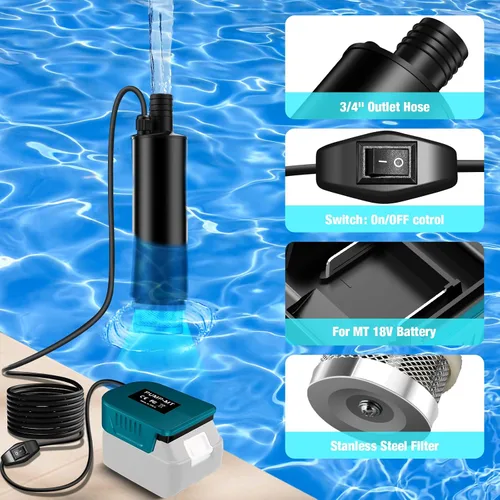 Vista 7 de Bomba de agua para Makita Battery 18V LXT, bomba sumergible portátil, pequeña bomba eléctrica inalámbrica de transferencia de agua de 500 GPH