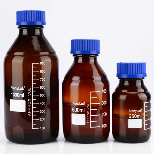 Vista 5 de stonylab Botellas redondas graduadas de vidrio ámbar con tapa de rosca GL45, 8.5 fl oz, 1 paquete