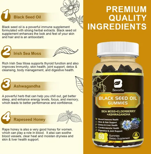 Vista 2 de Gomitas de aceite de semilla negra con Ashwagandha y musgo marino irlandés y saúco, suplemento de apoyo inmunológico con vitamina C, D3, zinc