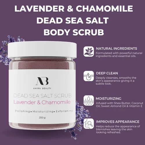 Vista 3 de Amira Beauty Exfoliante corporal con sal del mar muerto, lavanda y manzanilla, exfoliante de ducha espumoso con aceites esenciales orgánicos