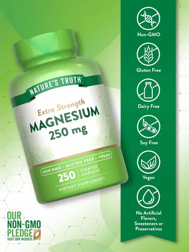 Vista 3 de Nature's Truth Suplemento de magnesio para mujeres y hombres 250 mg 250 unidades Vegano, sin OMG y sin gluten Óxido de magnesio
