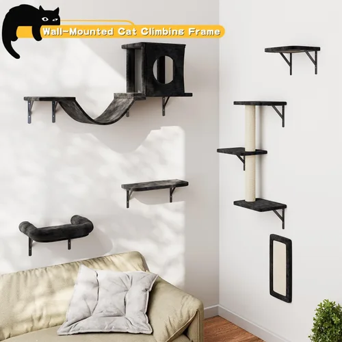 Vista 3 de NUNU LAB Estantes de muro para gatos, juego de 6 piezas de lujo montado en la pared, muebles para gatos interiores con 1 casa tipo condominio, 2