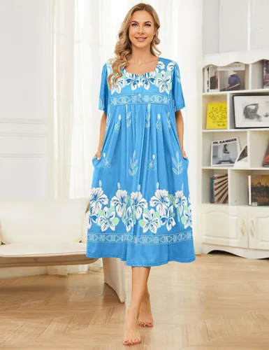 Vista 4 de Bloggerlove Camisón hawaiano para mujer, vestido de casa hawaiano Muumuu con estampado de tumbona, vestido de patio con bolsillos Moomoo