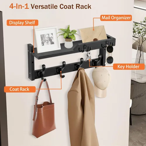 Vista 4 de dreampossible Perchero de pared con estante, perchero de pared con ganchos para llaves y soporte para correo, estante flotante de entrada de madera