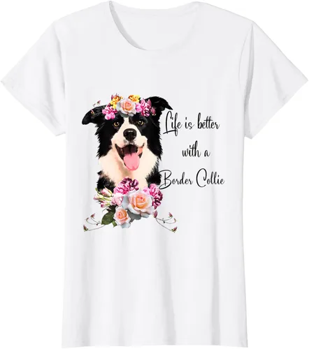 Vista 24 de Life is Better With a Border Collie - Camiseta de perro lindo con flores, gris, S Gris Oscuro
