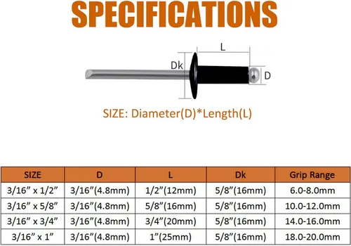 Vista 3 de ISPINNER 100 remaches ciegos de aluminio con brida grande de 3/16 x 1 pulgada, remaches pop agarre agarre 0.709-0.787 in (negro)
