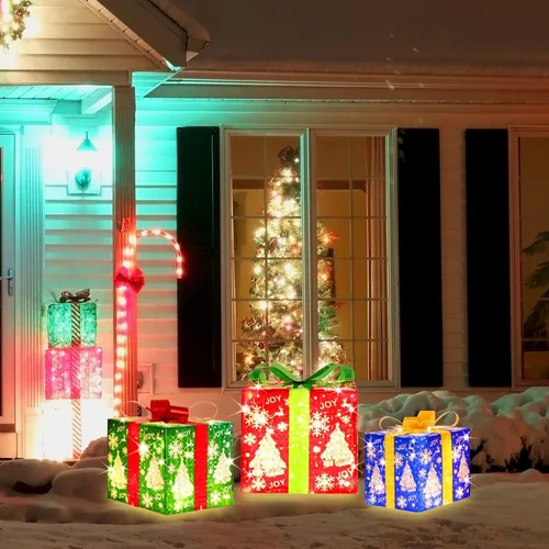 Vista 5 de LAMPHOME Juego de 3 Cajas de Regalo Iluminadas con 70 LED de Navidad, Luces Blancas Cálidas con Intermitente, Cajas Decorativas para Sendero, Adorno