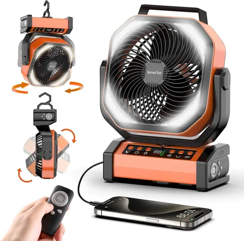 Vista 9 de Socool Ventilador de campamento con luz, ventilador de batería recargable de 20000 mAh, tiempo máximo de funcionamiento de 112 horas, 9 velocidades