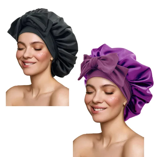 Vista 17 de Gorro de satén de seda para dormir con banda de amarre y tiras ajustables, para mujeres con cabello rizado y trenzado, color negro, tamaño grande
