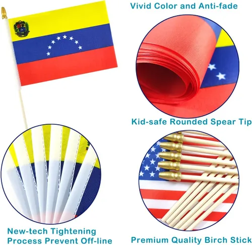 Vista 3 de QQSD Banderas de mano pequeñas de Venezuela con palo venezolano, poste de madera maciza con punta de lanza, paquete de 12