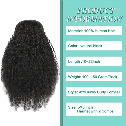 Vista 2 de Cola de Caballo con Cordón Afro Puff Cabello Humano Afro Rizado Crespo Cola de Caballo con Cordón 4C para Mujeres Negras Extensión de Cabello Humano