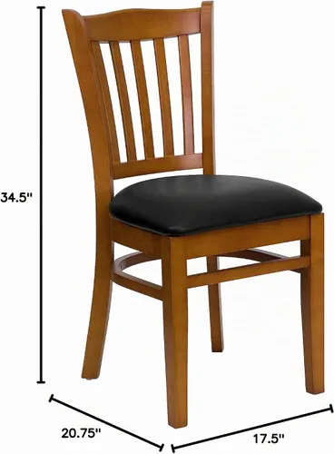 Vista 2 de EMMA + OLIVER Silla vertical de madera de cerezo con respaldo de listones, asiento negro del vinilo Asiento de vinilo negro/marco de madera de cerezo