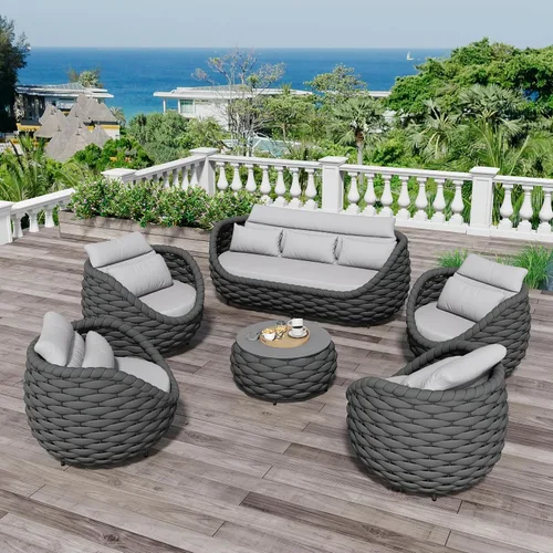 Vista 29 de Juego de muebles de patio de aluminio de 3 piezas: cuerda tejida a mano para conversación al aire libre, juego de 2 cojines modernos montados, juego