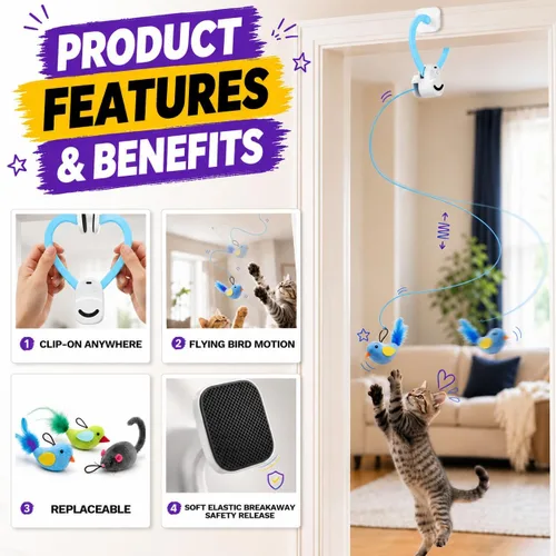 Vista 4 de Juguetes interactivos para gatos de interior: varita de plumas de ave voladora automática, ejercicio de persecución, enriquecimiento, estimulación
