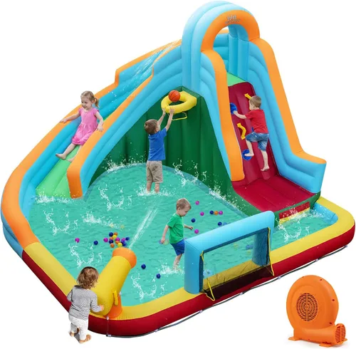 Vista 12 de Boundtech - Casa inflable para saltar, para usar en la alberca, con dos toboganes, pared de escalada, aro de baloncesto, alberca para sambullirse