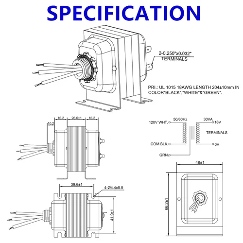 Vista 5 de BOJACK Transformador de timbre 16V 30VA Fuente de alimentación AC Termostato 16 Voltios 30VA Adaptador de corriente Compatible con timbre Ring Video