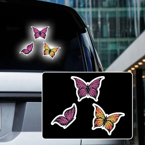 Vista 17 de Juego de 3 calcomanías reflectantes de alta intensidad para automóvil, diseño de mariposa, decoración de coche, impermeable, parachoques de coche