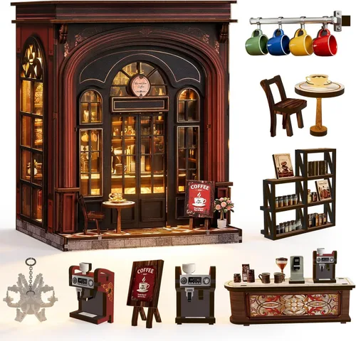 Vista 10 de Kit de casa en miniatura, rompecabezas de madera 3D para adultos, kit de rincón de libro con luz LED táctil, inserto de estantería de biblioteca
