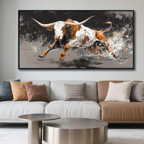 Vista 23 de AJAZIKO Arte de Pared de Vaca de las Tierras Altas - Decoración de Pared de Granja y Campo Rústico, Cuadros Grandes en Lienzo para Sala de Estar