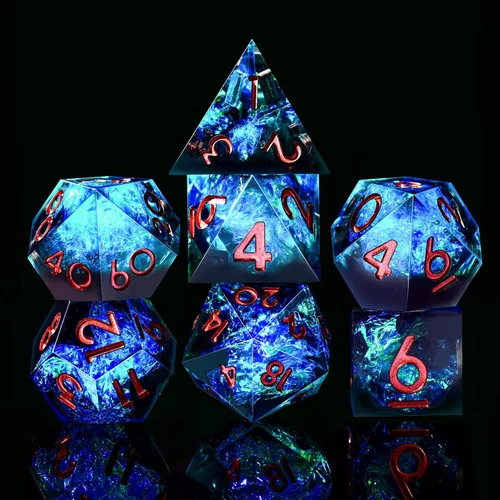 Vista 3 de AUSTOR Juego de dados DND de 7 dados, dados poliédricos de borde afilado hechos a mano para juegos de mesa de Calabozos y Dragones RPG MTG
