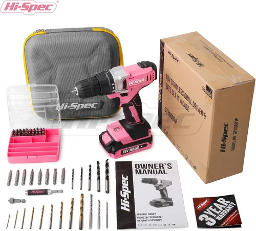 Vista 7 de Hi-Spec Juego de taladro inalámbrico rosa, taladro eléctrico de 18 V con batería y cargador, incluye juego de destornillador/brocas para madera