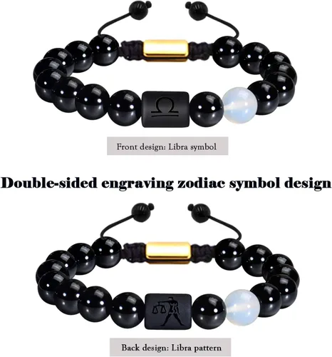 Vista 2 de VLINRAS - Pulsera de signo del zodiaco, para hombre y mujer, de 0.315 y 0.394 pulgadas, ónice negro natural, signo de estrella, constelación