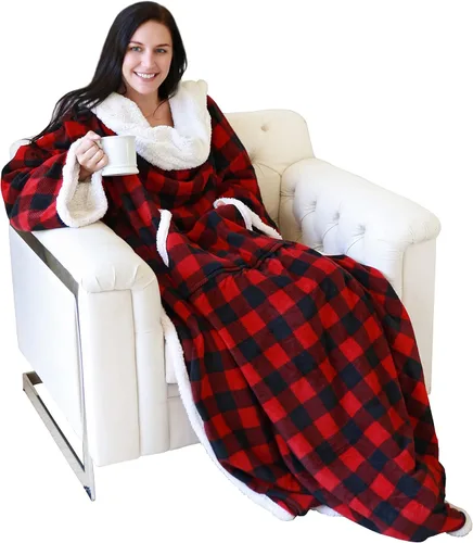Vista 30 de Catalonia - Manta de forro polar tipo sherpa con mangas, súper suave, cálida y cómoda, de gran tamaño, de forro polar y microplush, con mangas
