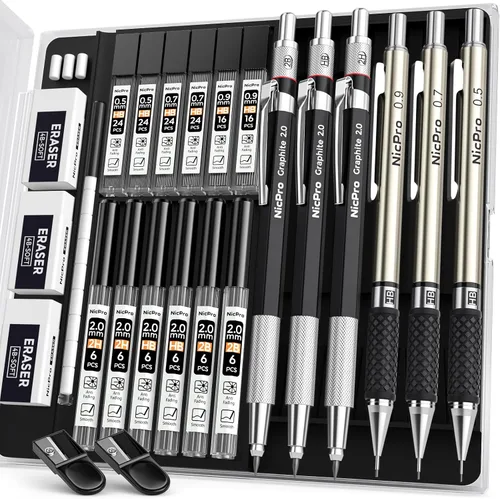 Vista 7 de Nicpro - Juego de lápices mecánicos dorados, 3 lápices metálicos de dibujo de 0.01 pulgadas, 0.02 pulgadas y 0.03 pulgadas, y 3 lápices con minas
