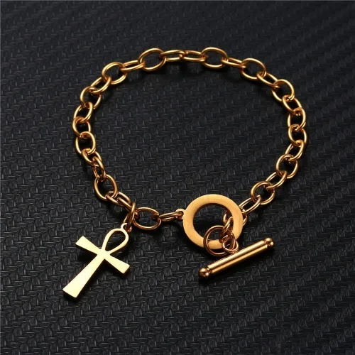 Vista 4 de ZKXXJ Pulsera de cruz Ankh para hombres y mujeres, pulsera de eslabones de acero inoxidable con dije de cruz egipcia Ankh, joyería egipcia, pulsera