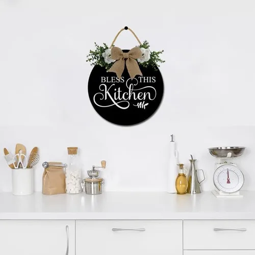 Vista 5 de Decoración de pared de cocina Bless This Kitchen Decoración de pared rústica de madera divertida para puerta de cocina para decoración de pared