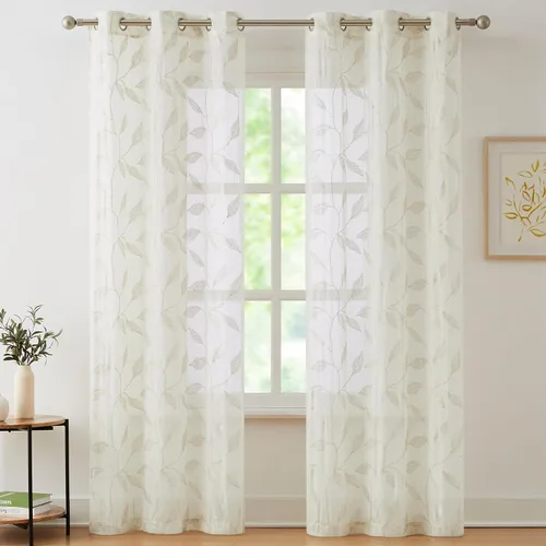Vista 14 de Bujasso - Cortinas de hojas transparentes de 63 pulgadas, bordadas con flores, estilo granja, cortinas con filtro de luz para ventana, patrón Dorado
