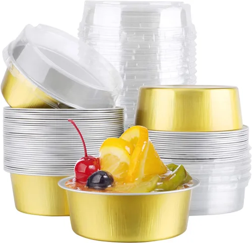 Vista 12 de EUSOAR Ramequines desechables con tapas, 50 unidades de papel de aluminio para hornear, moldes de 5.1 fl oz para cupcakes para tartas, quiche Lluvia