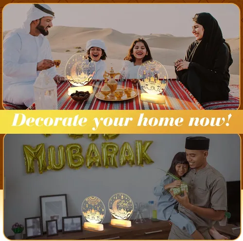 Vista 6 de 2 luces de decoración de Ramadán para el hogar, decoración de mesa Eid Mubarak, luces LED de noche de Ramadán, luna creciente, castillo, farol