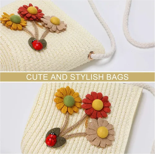 Vista 3 de Weewooday 5 piezas de bolsos de paja para niñas pequeñas, bolsa cruzada de paja de girasol de Pascua, lindo bolso tejido para actividades al aire