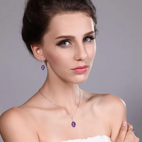 Vista 3 de Gem Stone King Juego de joyas de plata de ley 925 con colgante y aretes de amatista púrpura para mujer