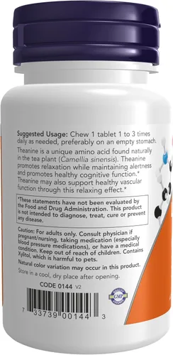Vista 3 de NOW Suplementos, L-Teanina 100 mg con Inositol y Taurina, Manejo de la Tensión*, 90 Masticables