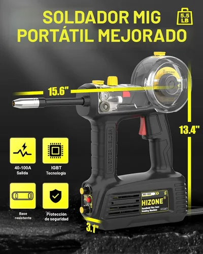 Vista 4 de Máquina de soldadura MIG de mano 110V, HIZONE 100A Flux Core Máquina de soldadura portátil, equipo de soldadura de alimentación de alambre inversor