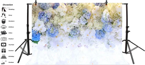 Vista 3 de AOFOTO Hermoso fondo de flores blancas y azules de 5 x 3 pies para fotografía de boda, damas, fiesta de té, niñas, amantes de los retratos, telón
