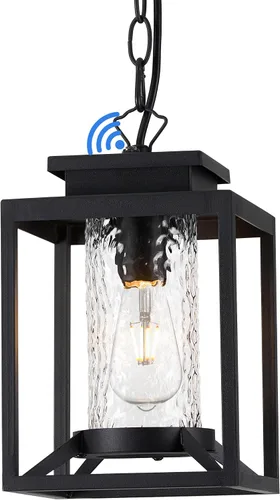 Vista 10 de Lámpara colgante exterior para porche, luz colgante negra de 1 luz, lámpara colgante exterior moderna con vidrio cilíndrico y cadena ajustable