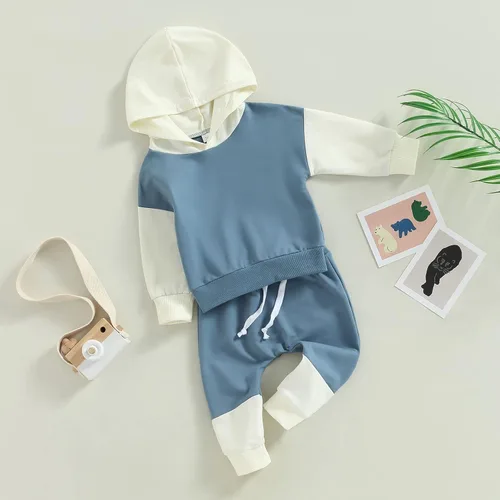 Vista 10 de Ropa de bebé niño 3 6 9 12 18 24M 3T Conjunto de pantalones con capucha patchwork sudadera con capucha pantalones de rayas traje de otoño invierno