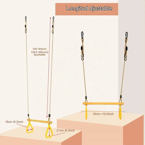 Vista 2 de Trapecio de madera con anillos de gimnasio de plástico, barra de columpio de trapecio con cuerda ajustable para patio de recreo interior, juego