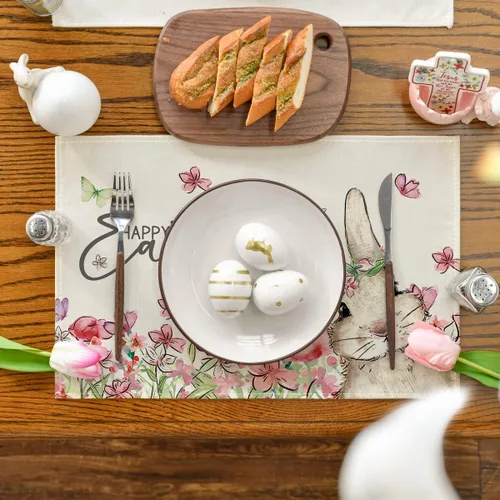 Vista 2 de Artoid Mode Juego de 4 manteles individuales de Pascua con diseño de conejo, diseño floral, 12 x 18 pulgadas, para decoración de fiestas, cocina
