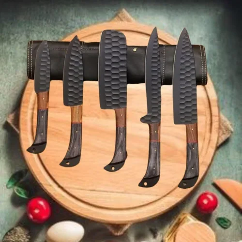 Vista 4 de Juego de cuchillos de cocina de acero de Damasco hechos a mano de 5 piezas con funda, juego de cuchillos de chef, juego de cuchillos de chef Negro