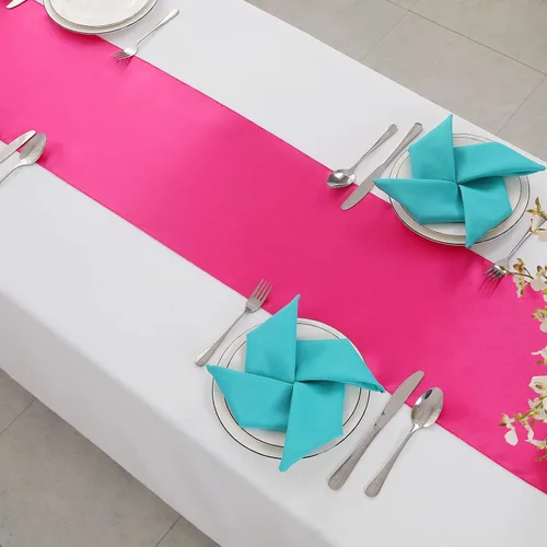 Vista 4 de Horbaunal Paquete de 12 caminos de mesa de satén rosa intenso de 12 x 108 pulgadas, caminos de mesa suaves para banquetes de boda, fiesta de Rosa Hot