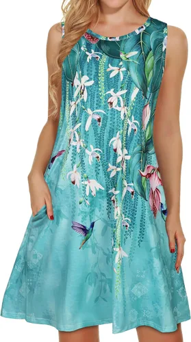 Vista 30 de elescat Vestidos de verano para mujer 2025, vestido casual de playa sin mangas con estampado floral, tipo camiseta, suelto y con bolsillos