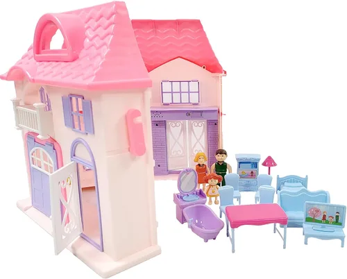 Vista 2 de R & S LIMITED Boley: Casa de muñecas - Rosa y púrpura - Juego de 16 piezas - 3 muñecas familiares y 12 accesorios de muebles, diseño plegable