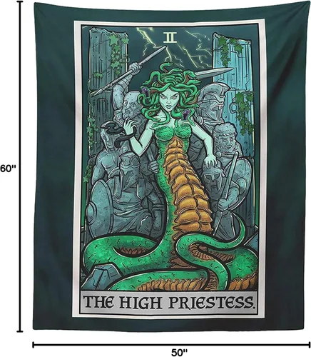 Vista 10 de Tapiz de cartas del tarot de la alta sacerdotisa - Medusa - mitología griega decoración del hogar para colgar en la pared (60 x 50 pulgadas)