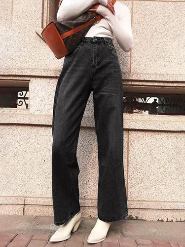 Vista 3 de HDLTE - Jeans de pierna ancha para mujer, pantalones holgados de cintura alta, pantalones de mezclilla tipo boyfriend Y2K