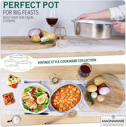 Vista 6 de MAGNAWARE Horno holandés ovalado de aluminio fundido con tapa, sartén resistente de 5 cuartos de galón con estante y cubierta de silicona con asas